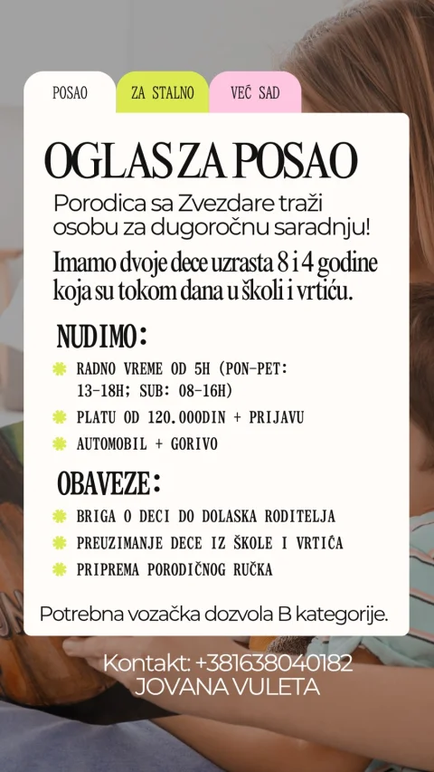 Posao za stalno: Briga o deci 4 i 8 godina